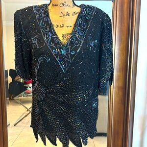 Mark & Johnie by Sam Vintage Black Full Sequin Silk Beaded Blouse Size L